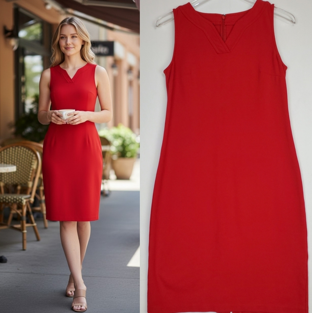 Talbots size 4 sheath dress red sleeveless v neck stretch pencil career academia